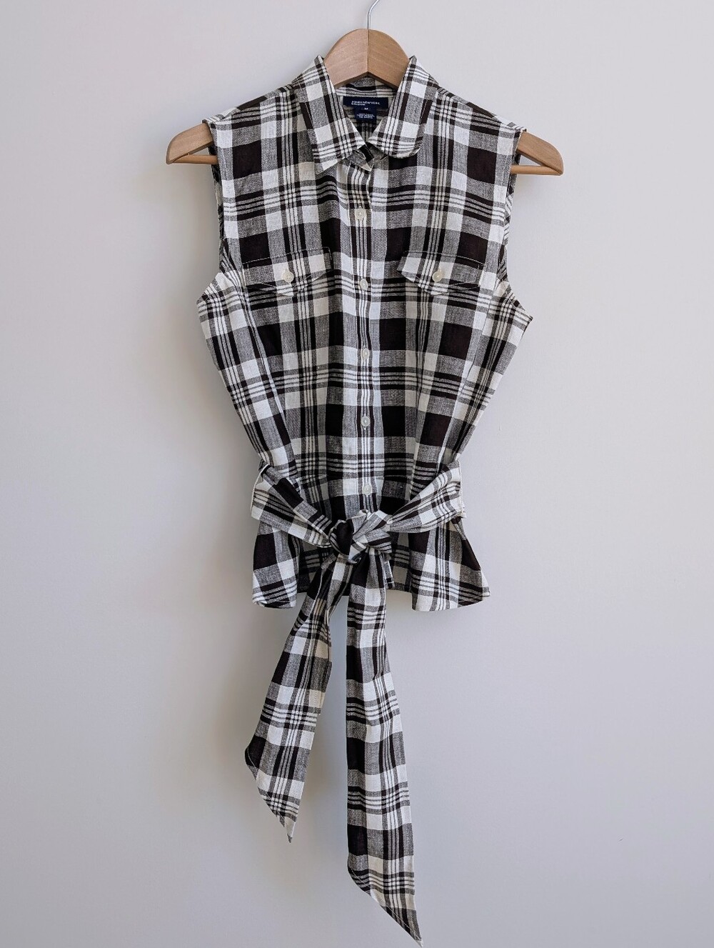 Jones New York 100% Linen Chocolate Brown Cream Plaid Sleeveless Button Down M